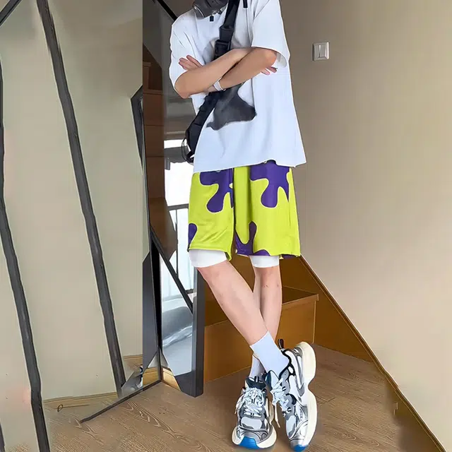 物质公式 美式高街复古卡通人物派星假两件凉感舒适柔软宽松时尚休闲百搭潮流日常通勤跑步健身运动透气小众潮流速干短裤篮球裤 男女同款