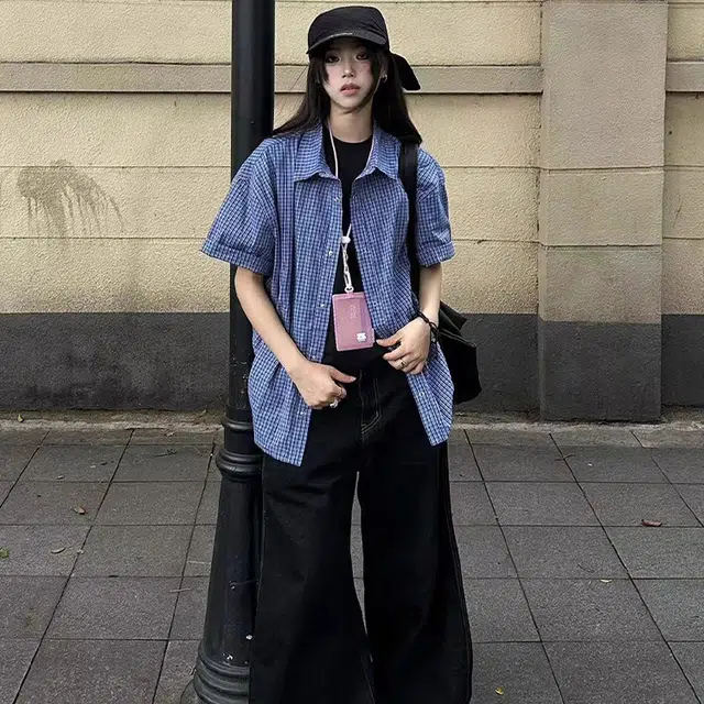 物质公式 潮牌美式复古简约格纹休闲宽松美拉德风少年感无性别高街潮流宽松落肩领口翻领单排扣休闲百搭短袖衬衫 男女同款