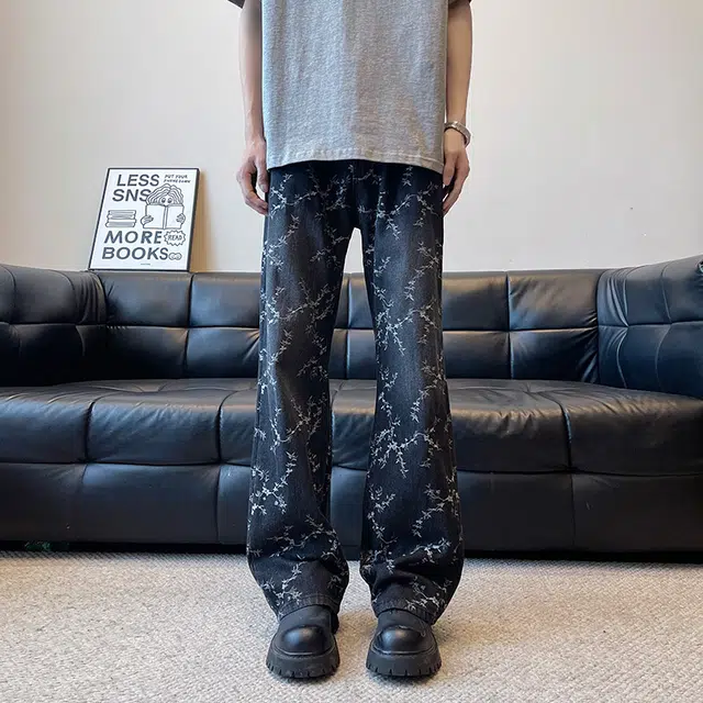 物质公式 潮牌美式高街复古满印提花拼接结构款宽松百搭休闲基础款痞帅潮流炸街日常通勤垂感水洗做旧阔腿直筒牛仔裤 男女同款