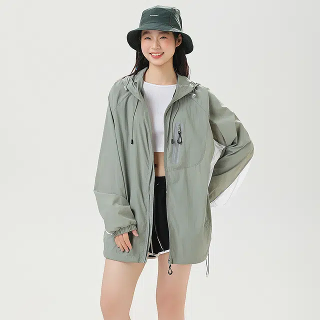 物质公式 高街美式复古百搭休闲时尚舒适超轻透气常规宽松纯色条纹连帽拉链直筒薄款长袖防晒服 男女同款
