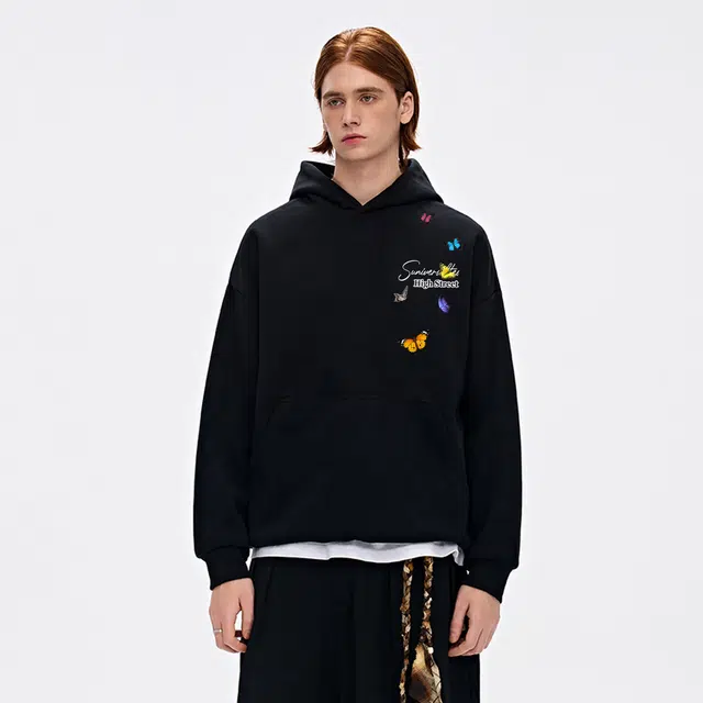 物质公式 重磅潮牌美式复古高街手绘趣味蝴蝶字母印花设计感潮流时尚宽松简约基础款套头落肩袖休闲透气质感百搭长袖连帽卫衣 男女同款
