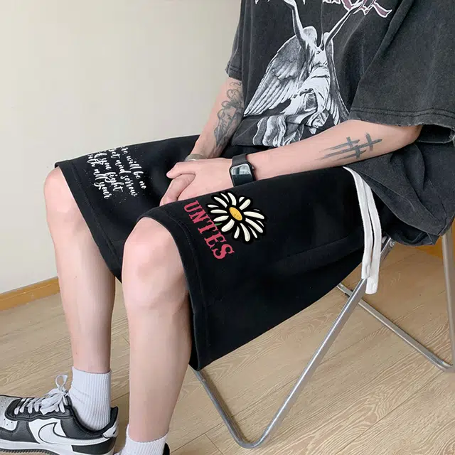 物质公式 潮牌创意卡通趣味向日葵图案字母印花美式高街复古抽绳运动基础款无性别穿搭短裤户外跑步休闲宽松百搭系带五分裤篮球裤 男女同款
