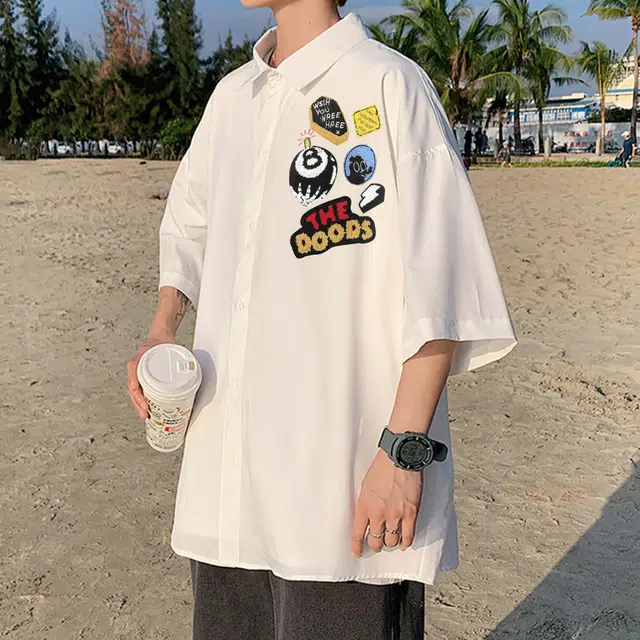 物质公式 美式复古高街重磅字母徽章仿刺绣印花宽松百搭大码松弛感舒适透气运动吸湿排汗嘻哈痞帅冰丝凉感短袖衬衫 男女同款