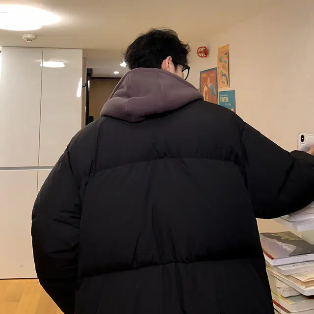 费尔岛上的猫 美式假两件基础款学院风简约高街纯色拼接拼色加厚保暖休闲山系机能运动宽松面包百搭防风抗寒学院风通勤连帽棉服 男女同款