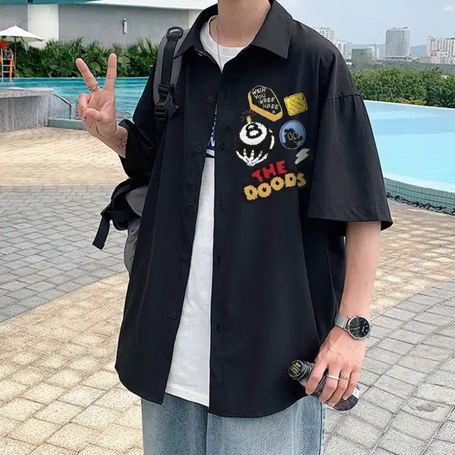 物质公式 字母宽松百搭纯色翻领落肩袖短袖衬衫 男女同款 黑色