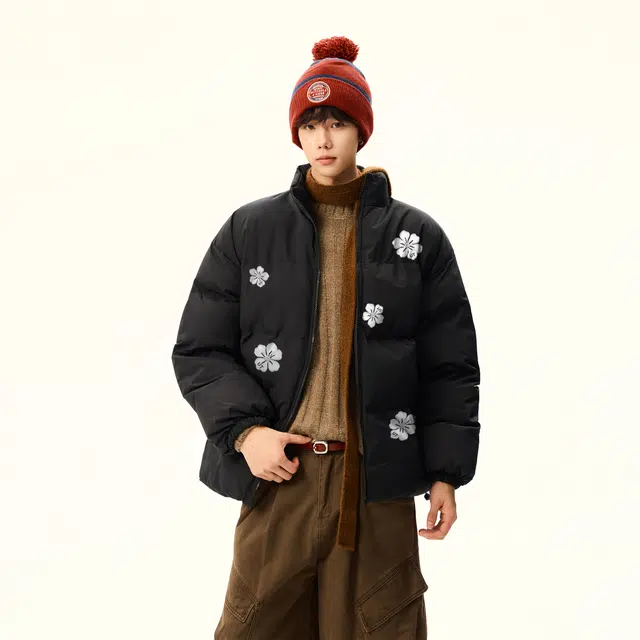 物质公式 鸭绒美式复古高街仿万针刺绣花卉字母印花设计感小众无帽潮流宽松百搭休闲户外通勤加厚保暖锁温御寒不臃肿面包服羽绒服 男女同款