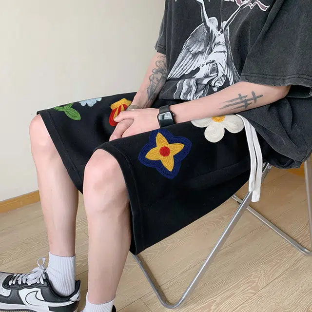 物质公式 美式高街复古重磅五分裤仿刺绣毛线趣味植物花卉印花设计百搭系带针织透气学生党简约日系冰丝凉感跑步篮球运动休闲短裤 男女同款