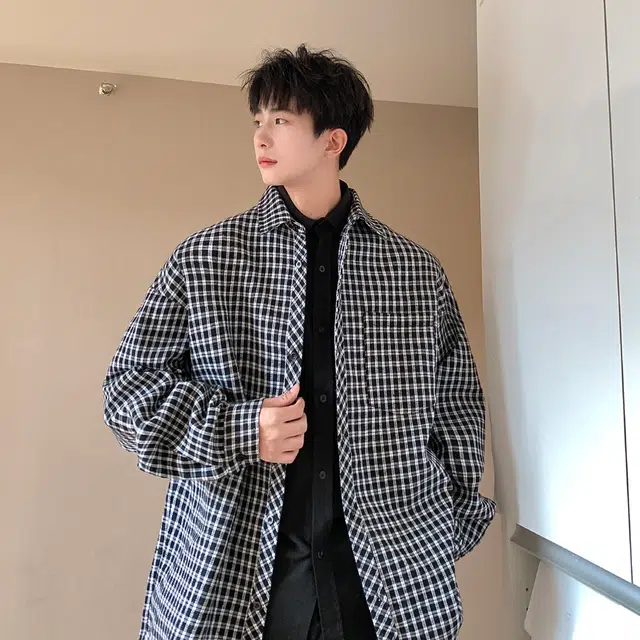 物质公式 美式潮流格子简约基础款翻领垂感百搭通勤单排扣休闲宽松简约长袖衬衫 男女同款