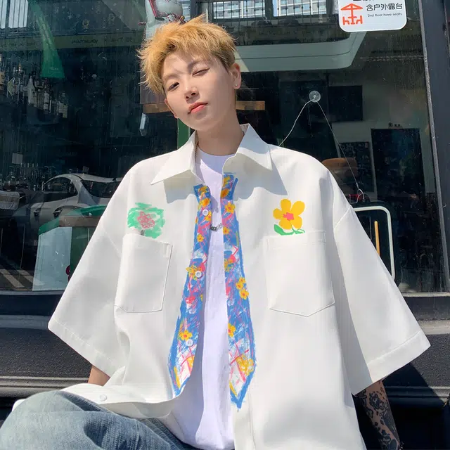 物质公式 潮牌美式高街复古创意设计感蜡笔手绘领带趣味几何图案学院风透气凉感潮流方领宽松简约休闲百搭短袖衬衫 男女同款