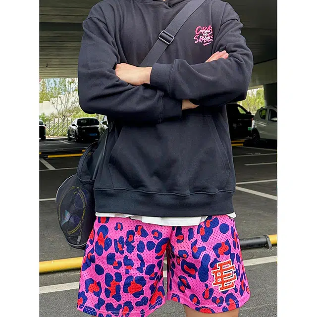 物质公式 美式复古高街网眼豹纹假两件宽松百搭速干三分短裤舒适透气吸湿排汗街头嘻哈户外运动健身跑步潮流时尚个性篮球裤 男女同款