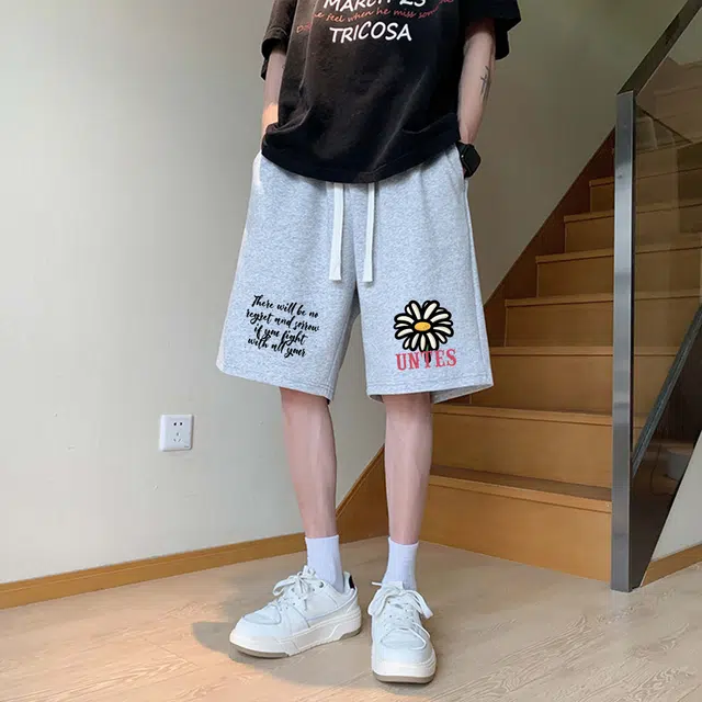 物质公式 潮牌创意卡通趣味向日葵图案字母印花美式高街复古抽绳运动基础款无性别穿搭短裤户外跑步休闲宽松百搭系带五分裤篮球裤 男女同款
