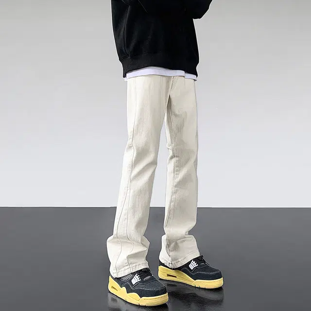 物质公式 美式复古高街纯色水洗做旧基础款中腰宽松弹力修身显瘦百搭垂感黄泥染微喇直筒分割线拼接牛仔裤 男女同款