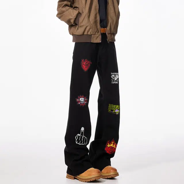 物质公式 美式高街复古潮牌水洗做旧微喇叭休闲裤时尚个性创意图案设计长裤牛仔裤 男女同款