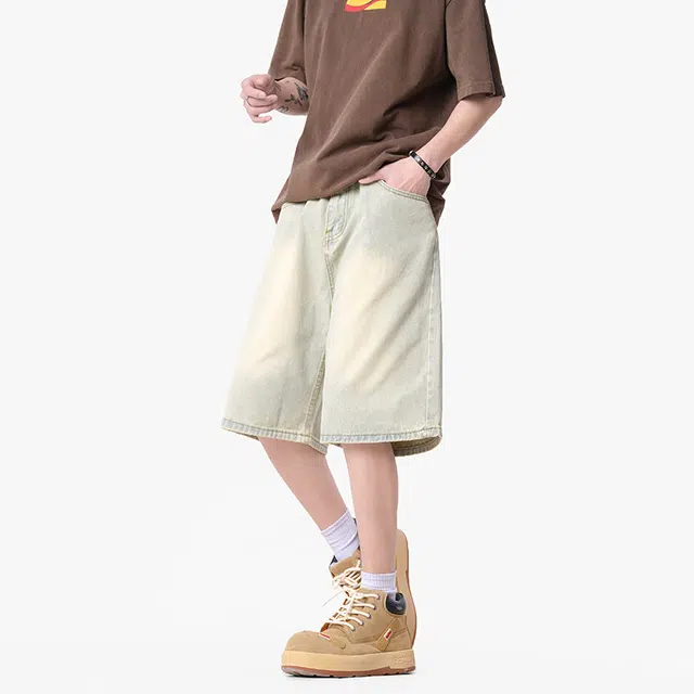 物质公式 美式复古高街嘻哈水洗做旧宽松休闲直筒五分裤夏季日常通勤无性别主义牛仔短裤 男女同款