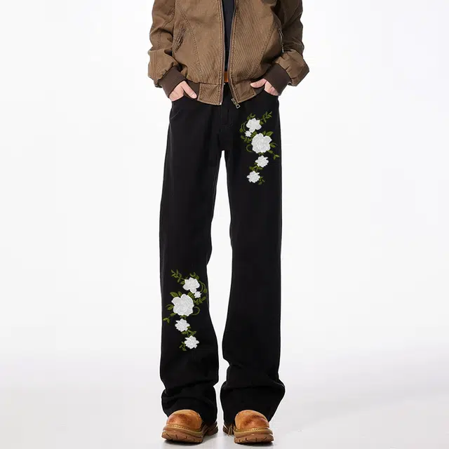 物质公式 微喇仿万针刺绣植物花卉图案印花美式复古高街水洗做旧废土风炸街窄版高腰显瘦修身白色通勤垂感阔腿直筒牛仔裤 男女同款