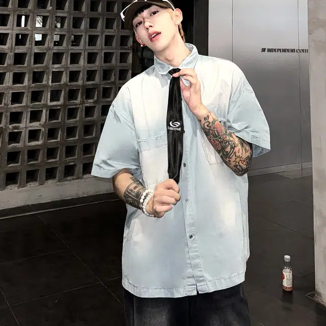 物质公式 美式复古高街水洗扎染领带口袋设计宽松百搭小众时尚半袖衬衣舒适透气轻薄痞帅街头嘻哈高级感短袖衬衫 男女同款
