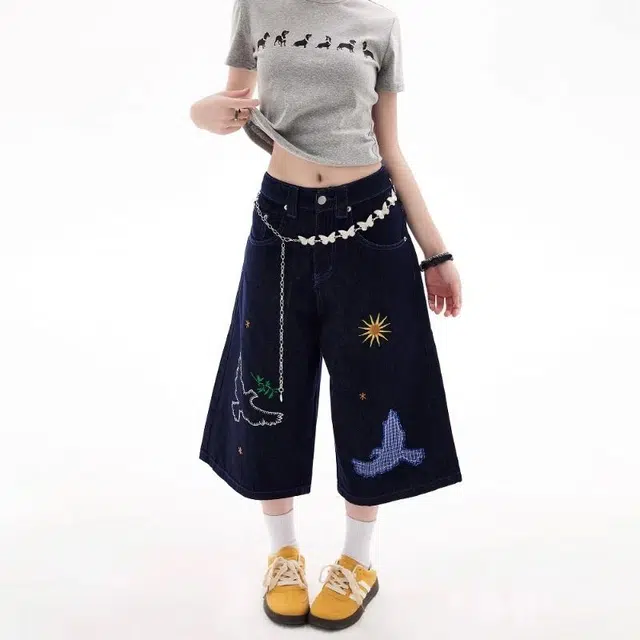 物质公式 万针刺绣美式高街复古潮牌格子贴布绣趣味图案设计感无性别主义潮流宽松百搭纯色基础款简约阔腿直筒七分牛仔短裤 男女同款