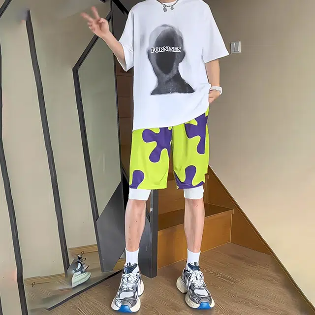 物质公式 美式高街复古卡通人物派星假两件凉感舒适柔软宽松时尚休闲百搭潮流日常通勤跑步健身运动透气小众潮流速干短裤篮球裤 男女同款