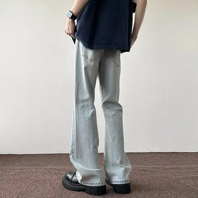 物质公式 美式高街简约纯色基础款轻度水洗做旧宽松直筒阔腿高腰系带休闲百搭弹力垂感日常通勤微喇弯刀裤黑色牛仔裤 男女同款