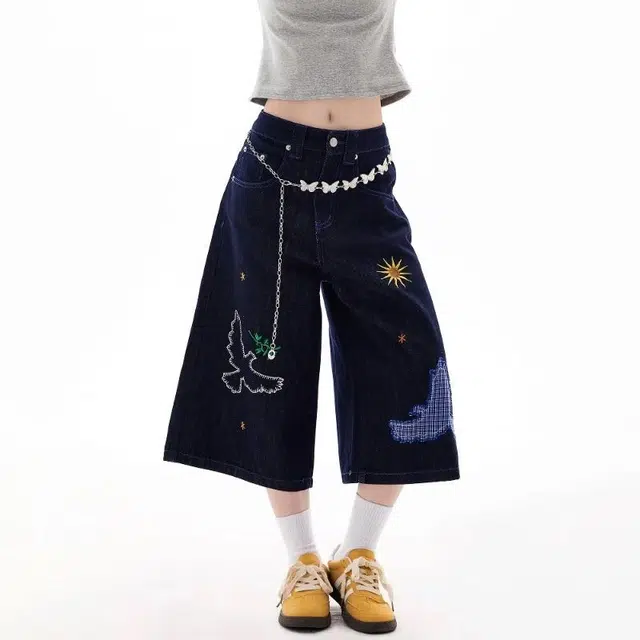 物质公式 万针刺绣美式高街复古潮牌格子贴布绣趣味图案设计感无性别主义潮流宽松百搭纯色基础款简约阔腿直筒七分牛仔短裤 男女同款