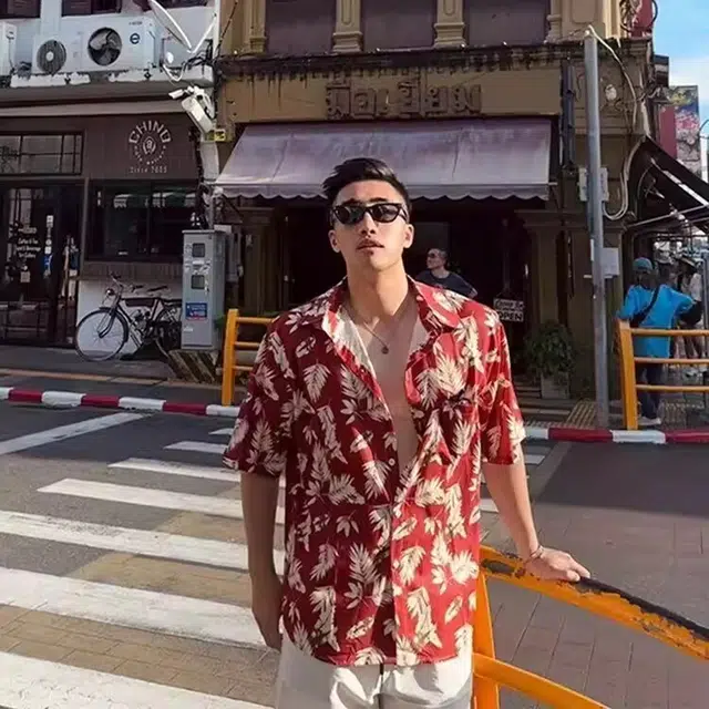 物质公式 美式高街复古潮牌单排扣大花衬衫 男女同款