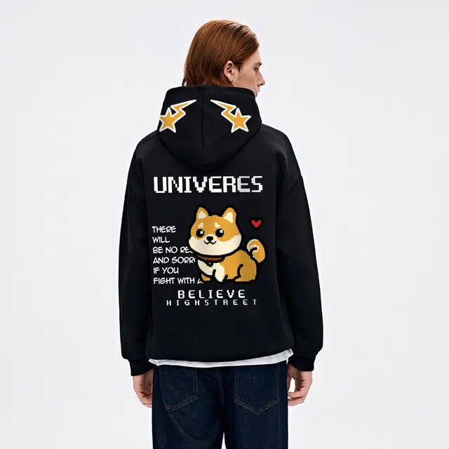 物质公式 潮牌重磅美式高街复古趣味像素可爱小狗图案字母印花设计感宽松简约日常通勤潮流时尚休闲透气质感百搭长袖套头连帽卫衣 男女同款