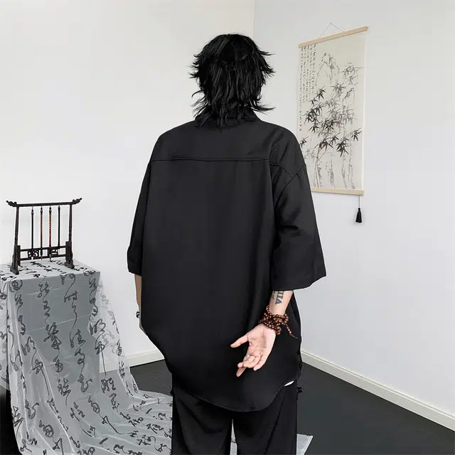 物质公式 国风新中式盘扣唐装冰丝凉感丝滑亲肤翠竹万针刺绣慵懒风设计感垂感宽松百搭显瘦简约透气薄款翻领潮流休闲短袖衬衫 男女同款