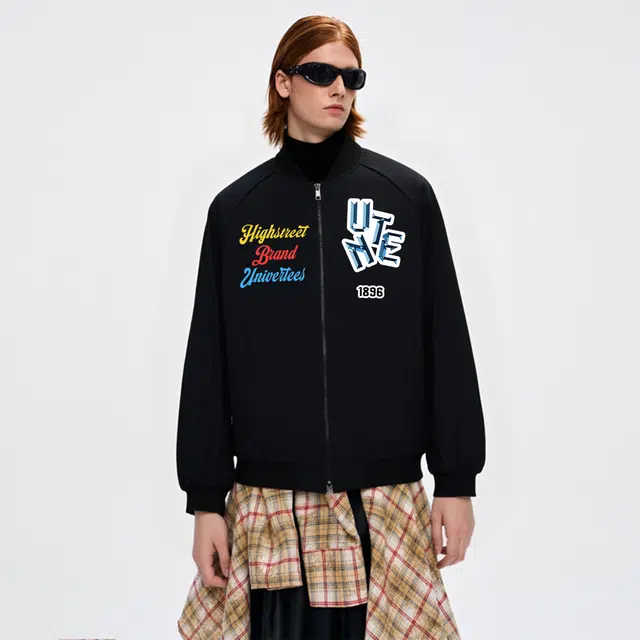 物质公式 重磅美式高街复古潮牌棒球领仿万针刺绣趣味字母印花设计感宽松户外运动轻便防风耐磨教练服外套时尚潮流飞行员短款夹克 男女同款