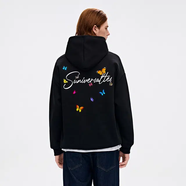 物质公式 重磅潮牌美式复古高街手绘趣味蝴蝶字母印花设计感潮流时尚宽松简约基础款套头落肩袖休闲透气质感百搭长袖连帽卫衣 男女同款