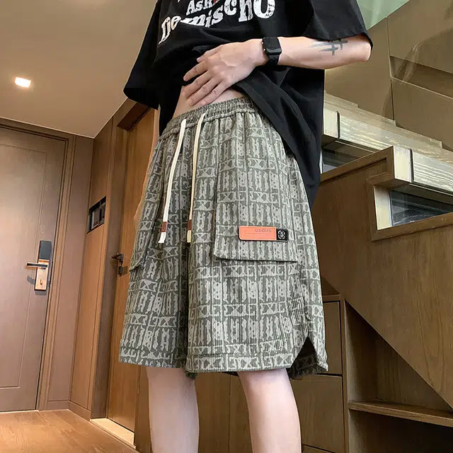 物质公式 美式复古潮牌满印宽松百搭五分舒适透气嘻哈街头痞帅个性时尚日常通勤凉感直筒休闲短裤 男女同款