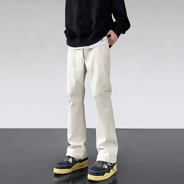 物质公式 美式复古高街纯色水洗做旧基础款中腰宽松弹力修身显瘦百搭垂感黄泥染微喇直筒分割线拼接牛仔裤 男女同款