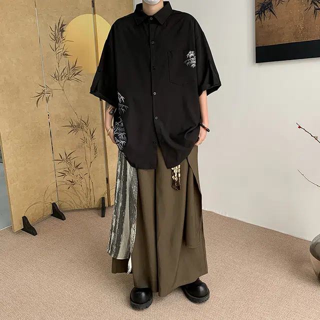 物质公式 国风新中式唐装翠竹子万针刺绣设计感冰丝凉感丝滑亲肤慵懒风国潮垂感宽松百搭显瘦简约透气薄款翻领潮流休闲短袖衬衫 男女同款