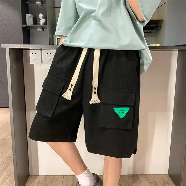 物质公式 美式复古高街华夫格大口袋标志设计潮牌系带宽松百搭五分裤舒适透气吸湿排汗凉感速干直筒痞帅潮流时尚个性工装短裤 男女同款