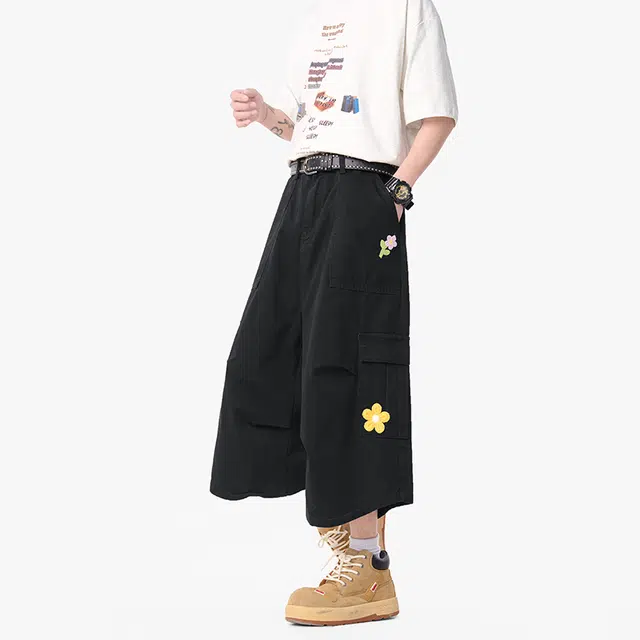 物质公式 美式高街潮流嘻哈水洗做旧复古花朵刺绣印花休闲百搭大口袋设计感工装七分欧若风宽松舒适牛仔短裤 男女同款