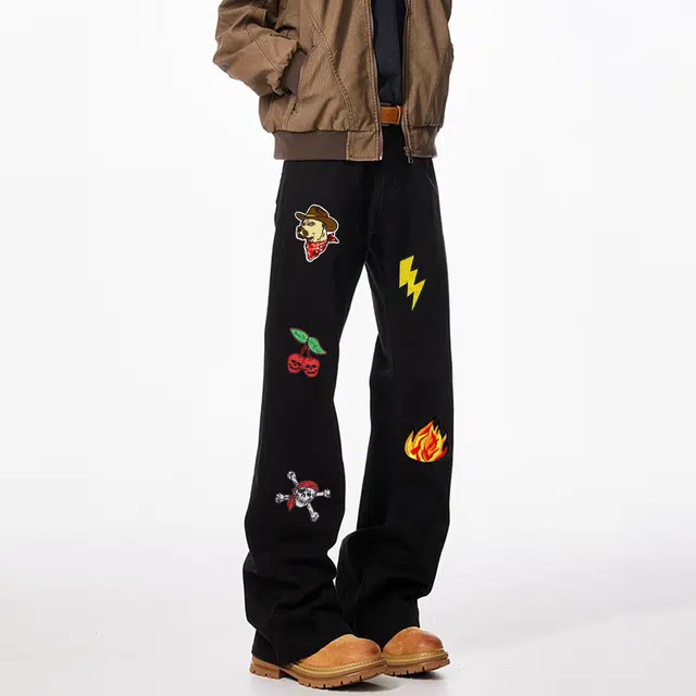 物质公式 美式高街复古潮牌微喇叭水洗做旧炸街神裤时尚百搭创意印花图案设计牛仔裤 男女同款