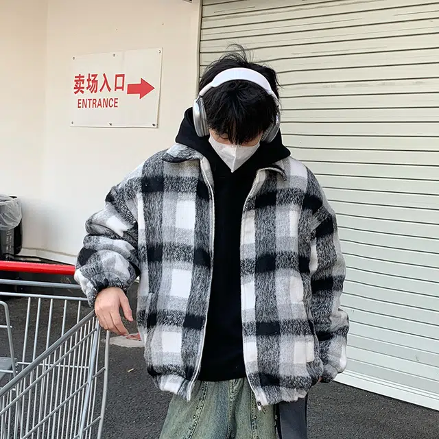 物质公式 美式高街复古加厚羊羔绒保暖舒适格子扎染痞帅嘻哈趣味长袖棉衣外套休闲宽松百搭小香风落肩垂感翻领棉服 男女同款