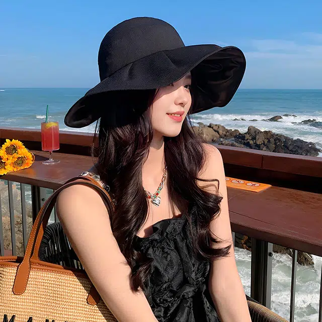 浪莎 户外骑行遮阳帽子蝴蝶结太阳帽子夏天海边沙滩时尚简约防风透气大帽檐全脸防紫外线可折叠易收纳防晒帽 轻薄款 渔夫帽 女款