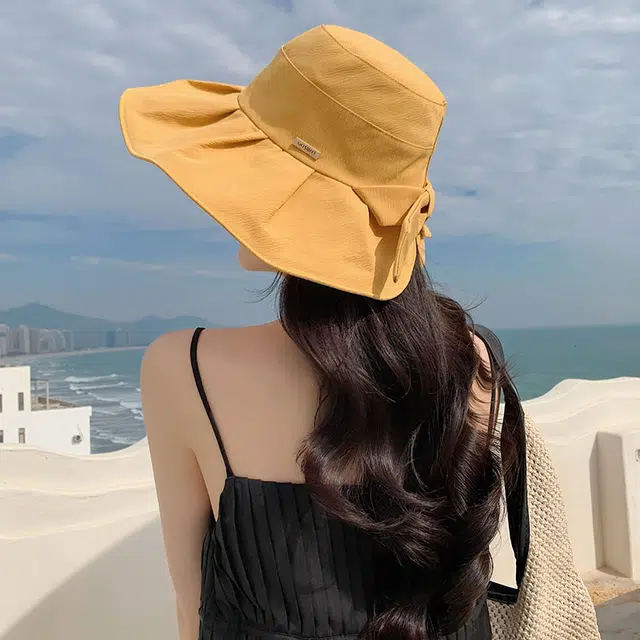 浪莎 户外骑行遮阳帽子蝴蝶结太阳帽子夏天海边沙滩时尚简约防风透气大帽檐全脸防紫外线可折叠易收纳防晒帽 轻薄款 渔夫帽 女款