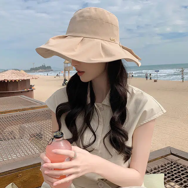 浪莎 户外骑行遮阳帽子蝴蝶结太阳帽子夏天海边沙滩时尚简约防风透气大帽檐全脸防紫外线可折叠易收纳防晒帽 轻薄款 渔夫帽 女款