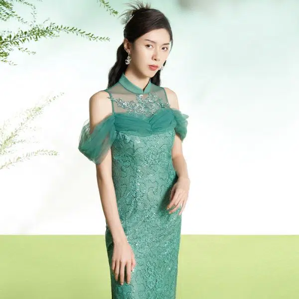 四美子 绿色露肩修身蕾丝包臀旗袍连衣裙 花开时