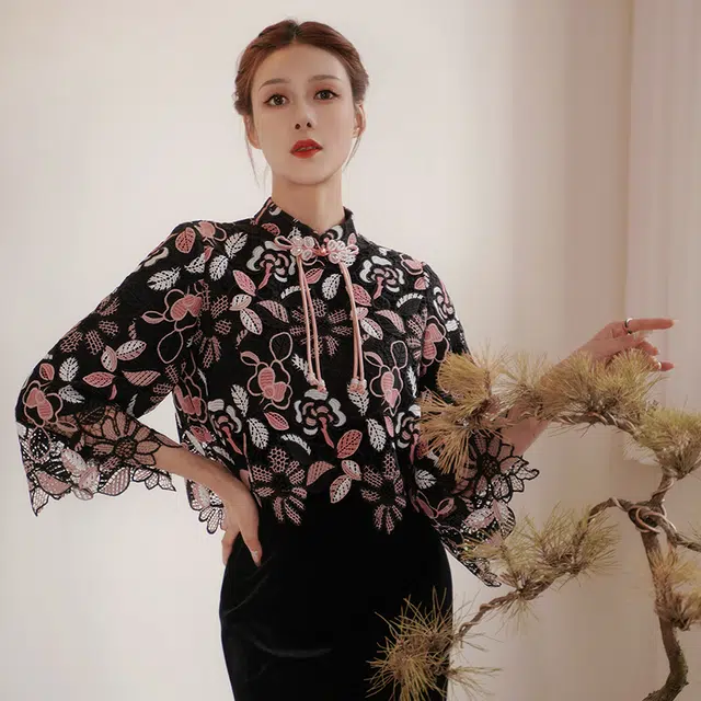 四美子 刺绣改良罩衫吊带连衣裙花色长袖两件套旗袍 朝颜