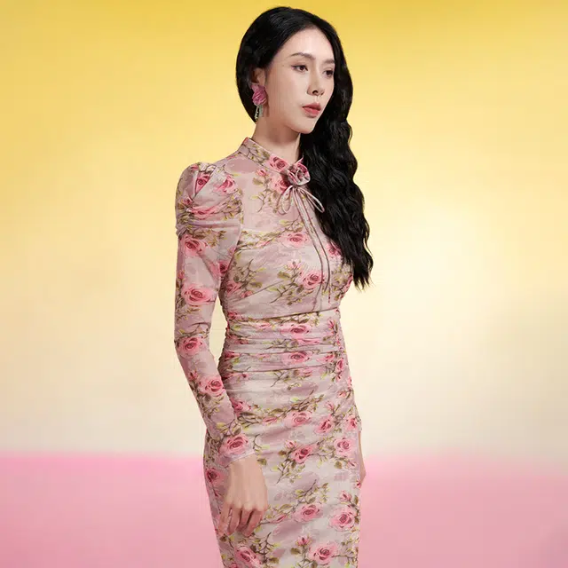 四美子 立领时尚长款长袖连衣裙 朱丽叶塔