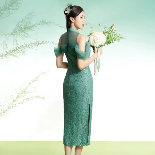 四美子 绿色露肩修身蕾丝包臀旗袍连衣裙 花开时