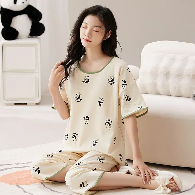 睦隆世家 睡衣女短袖夏季纯棉带胸垫休闲薄款可外穿夏天全棉家居服  套装  杏色