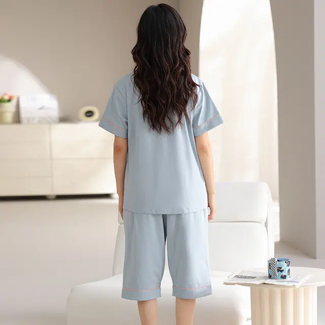 睦隆世家 带胸垫纯棉短袖七分裤薄款休闲可外穿家居服睡衣套装 女款