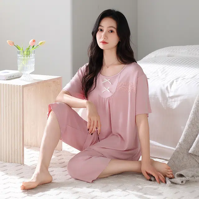 睦隆世家 短袖七分裤薄款冰丝纯色家居服夏季睡衣套装 女款