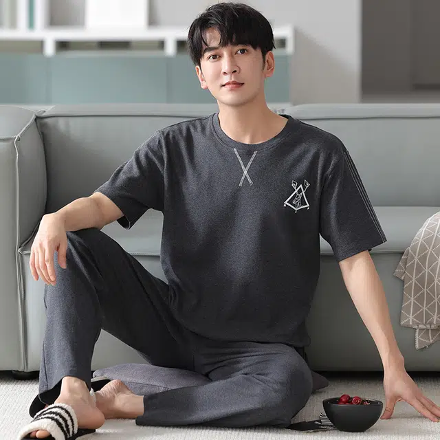睦隆世家 家居服可外穿纯棉短袖长裤夏季睡衣套装 男款