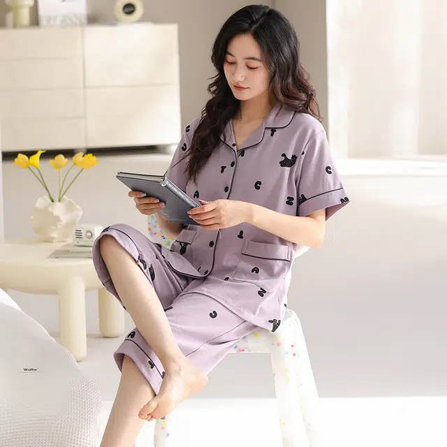 睦隆世家 短袖纯棉薄款休闲七分裤带胸垫家居服可外穿睡衣套装 女款