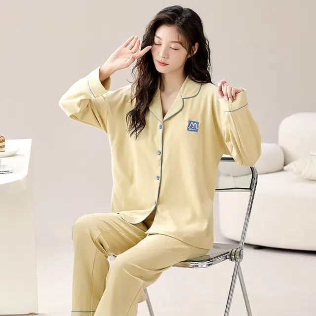 睦隆世家 春秋季长袖纯棉翻领女士可外穿休闲睡衣翻领开衫女全棉家居服套装  女款  香槟色