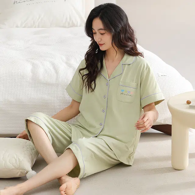 睦隆世家 带胸垫短袖七分裤薄款休闲可外穿大码家居服夏季睡衣套装 女款